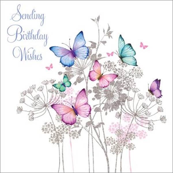 Grandma Birthday Butterfly Flowers Leaves GLITTERED Birthday Greeting Card 